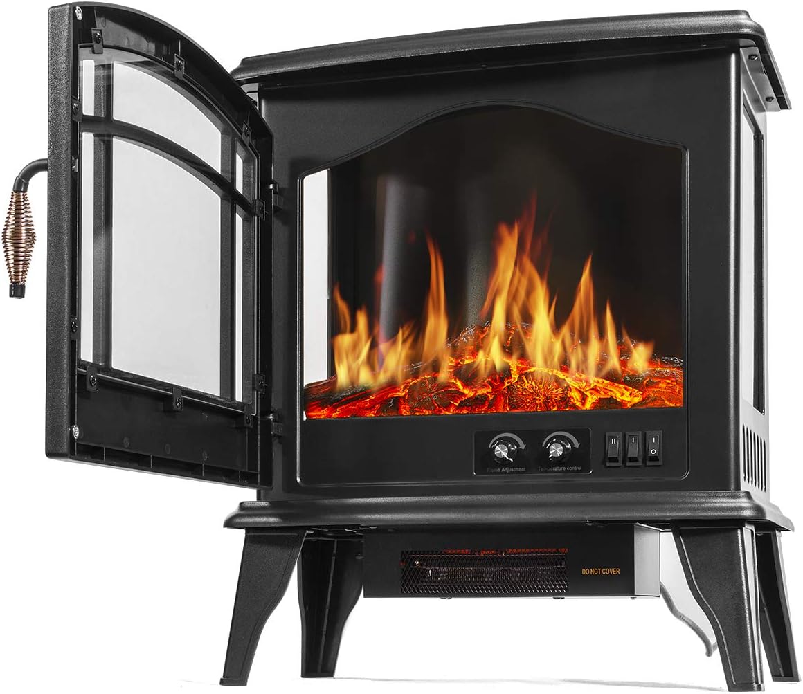 Barton 1500W Electric Fireplace Stove Heater Infrared Quartz 3D-Flame Log Stove Firebox, Black