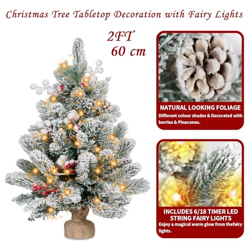 Flocked Artificial Mini Christmas Tree with Lights, Tabletop Decor T336