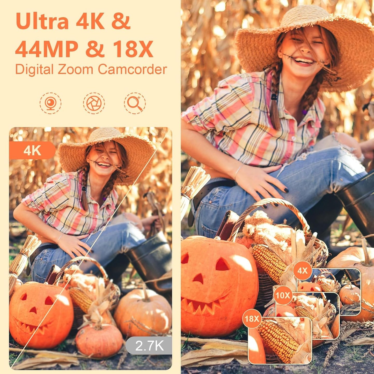 4K Camcorder Ultra HD 44MP Vlogging Camera with 18X Zoom and External Mic T29122