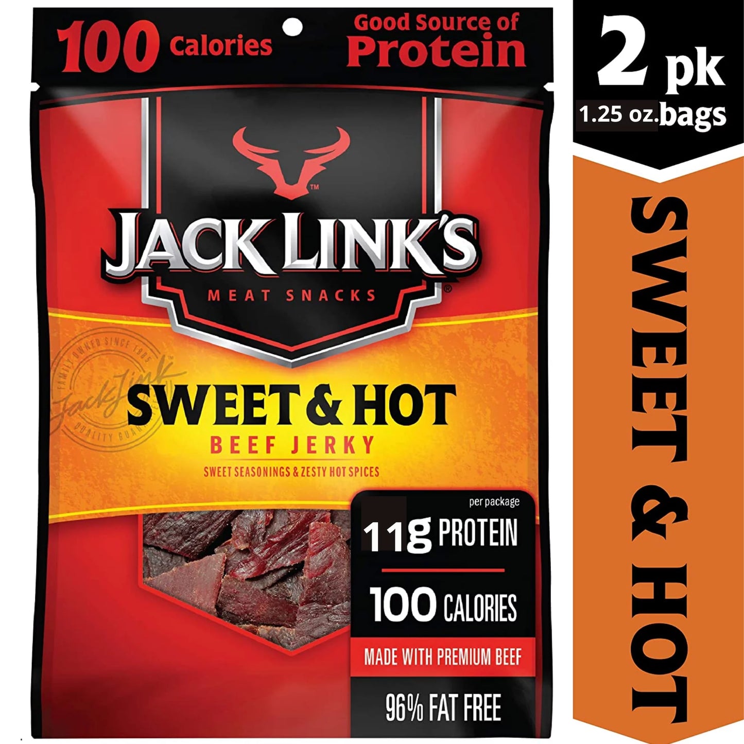 Beef Jerky Sweet and Hot Flavorful Meat Snack, 11g Protein, 1.25 oz, 2 Bags H578