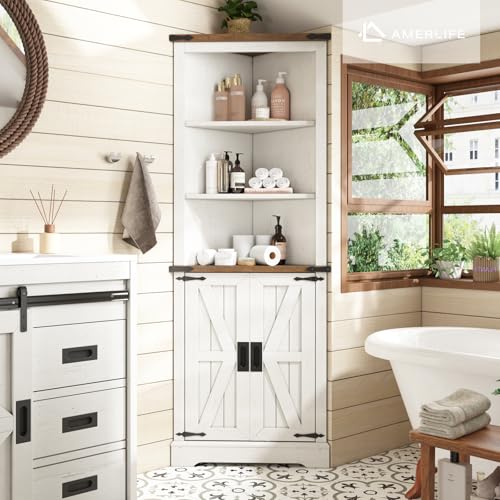 Corner Cabinet with Barn Door Design, Adjustable Shelves K112
