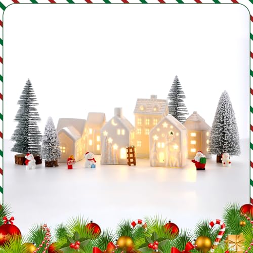 LED Ceramic Christmas Village Set with Light Up Houses and Figurines E593038