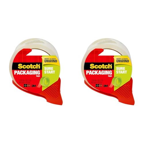 Scotch Sure Start Shipping Packaging Tape, 1.88"x 38.2 yd, Designed for Packing, Shipping and Mailing, Quiet Unwind, No Splitting or Tearing, 1.5" Core, Clear, 1 Dispensered Roll