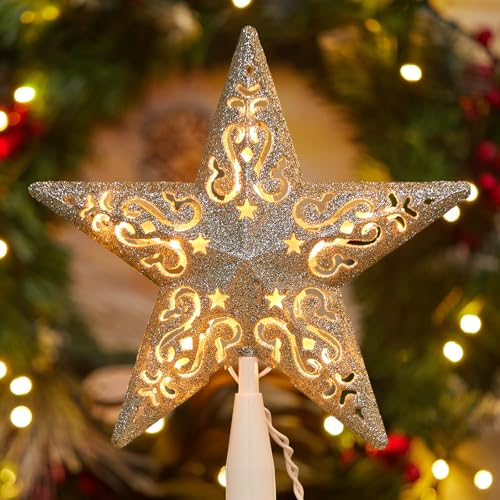 Christmas Star Tree Topper Lighted 3D Gold Pentagram Plug In Indoor Holiday Decor B983