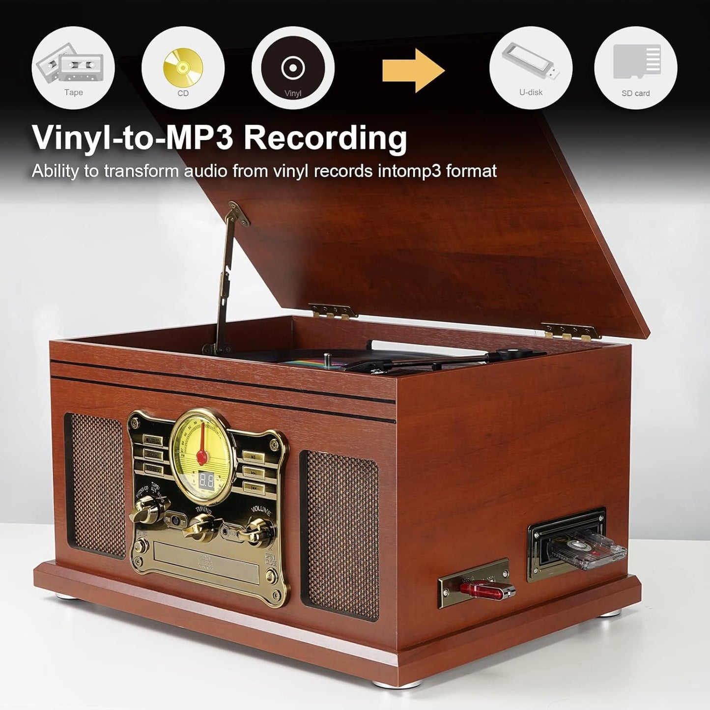 Bluetooth Record Player, 3-Speed Turntable with Speakers, LP to MP3 Converter P39757