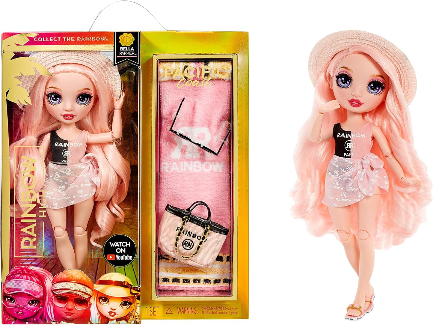 Rainbow High Pacific Coast Bella Parker- Pink Fashion Doll with 2 Designer Outfits, Pool Accessories Playset, Interchangeable Legs, Toys for Kids, Great Gift for Ages 6-12+ Years