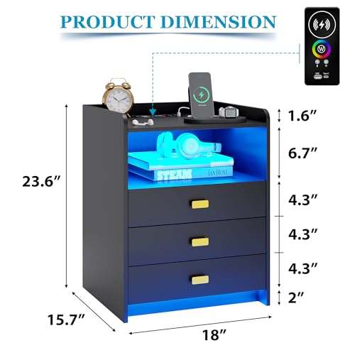 Nightstand with Charging Station, LED Night Stand, End Side Table with 3 Drawers, White P25230