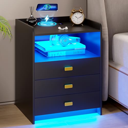 Vlsrka Nightstand with Charging Station, LED Night Stand with 24 Colors, Modern End Side Table with 3 Drawers and Open Storage, Beside Table with USB Ports for Bedroom, White