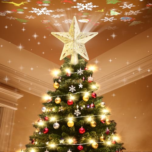 Christmas Tree Topper Lighted with 6 Projection Slides, Snowflake LED Rotating 3D Glitter Tree Topper O28849