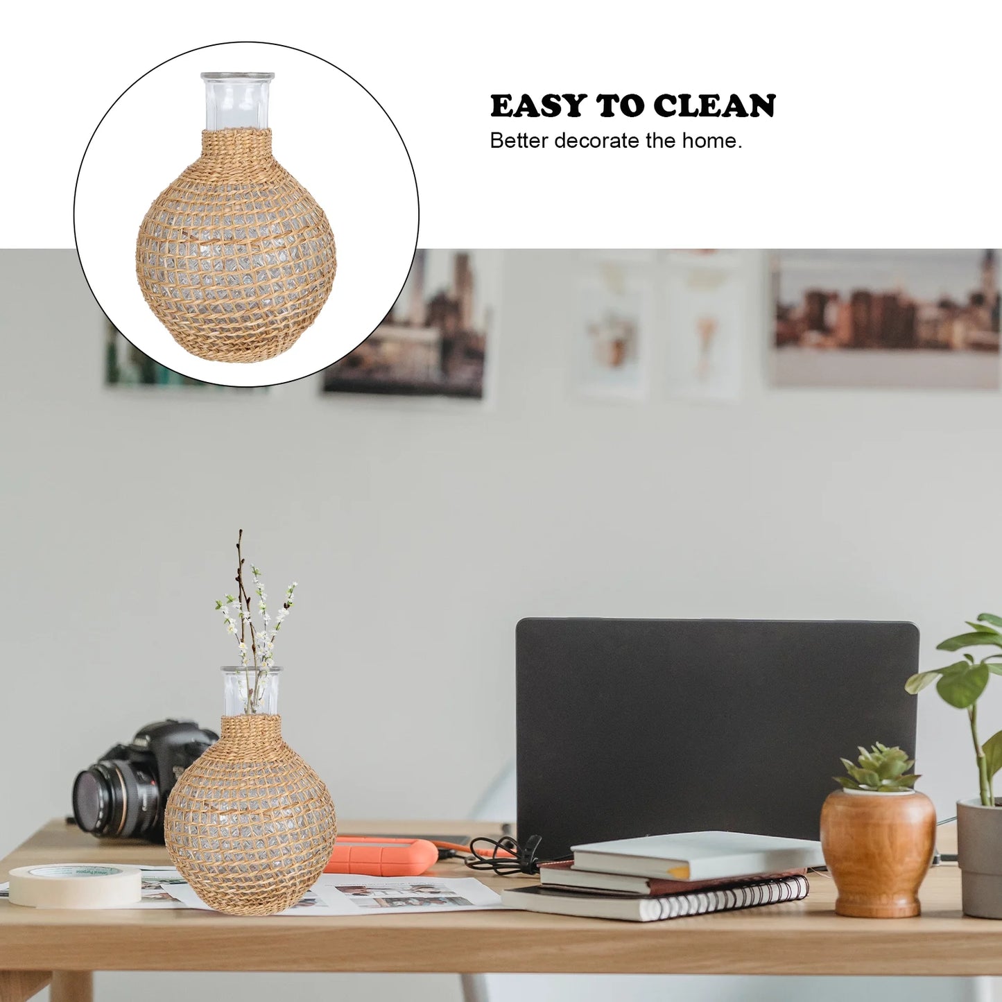 Rattan Glass Vase with Gold Terrarium Jar R58600