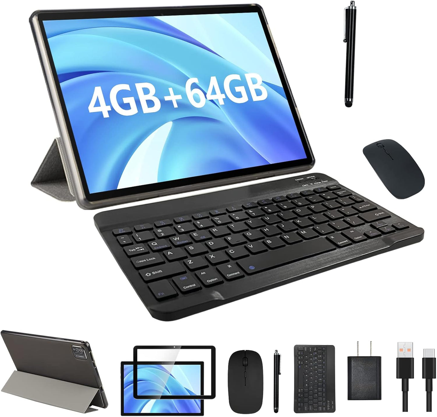 10 Inch Tablet Android Tablets 2 in 1 Tablet with Keyboard 64GB+4GB RAM Tabletas 10.1" Tablets include Mouse Case Stylus Tempered Film 10 IN Tab 8MP+2MP Cameras 6000mAh Battery Wifi Android Tableta