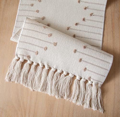 Christmas Table Runner 13 x 90 Inch Natural Cotton Woven with Tassels, Red and Beige U800