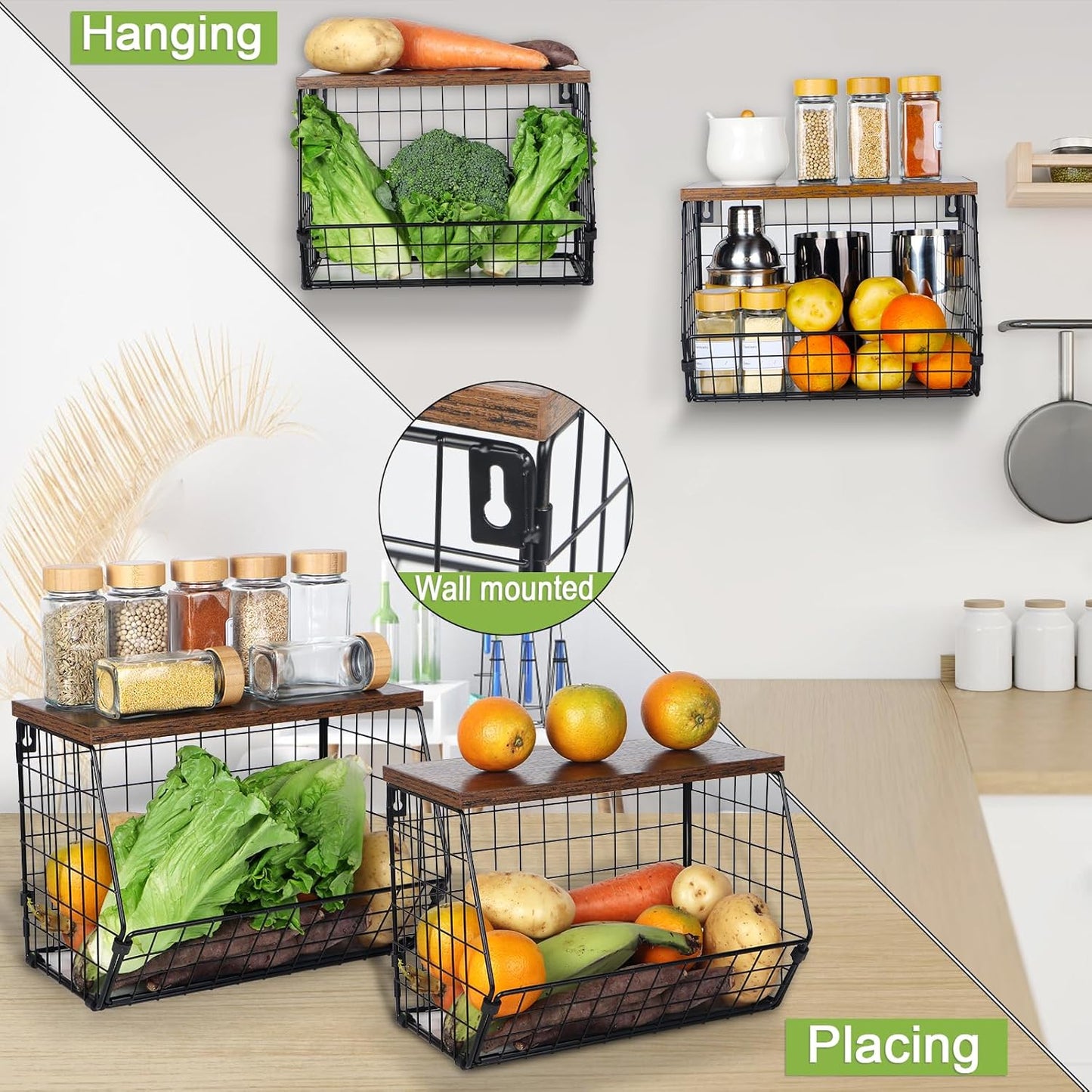 Fruit Basket for Kitchen Counter with Hooks, Stackable Wire Storage L66720