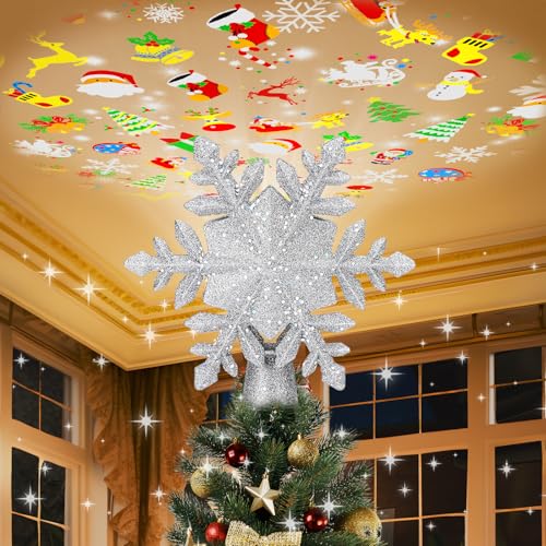 Christmas Tree Topper Lighted with 6 Projection Slides, Snowflake LED Rotating 3D Glitter Tree Topper O28849