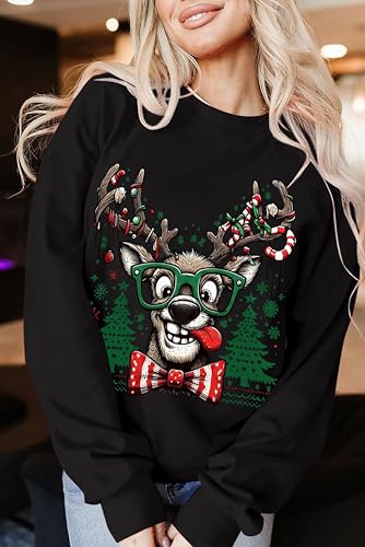 Funny Reindeer Graphic Sweatshirt Oversized Christmas Pullover J1348