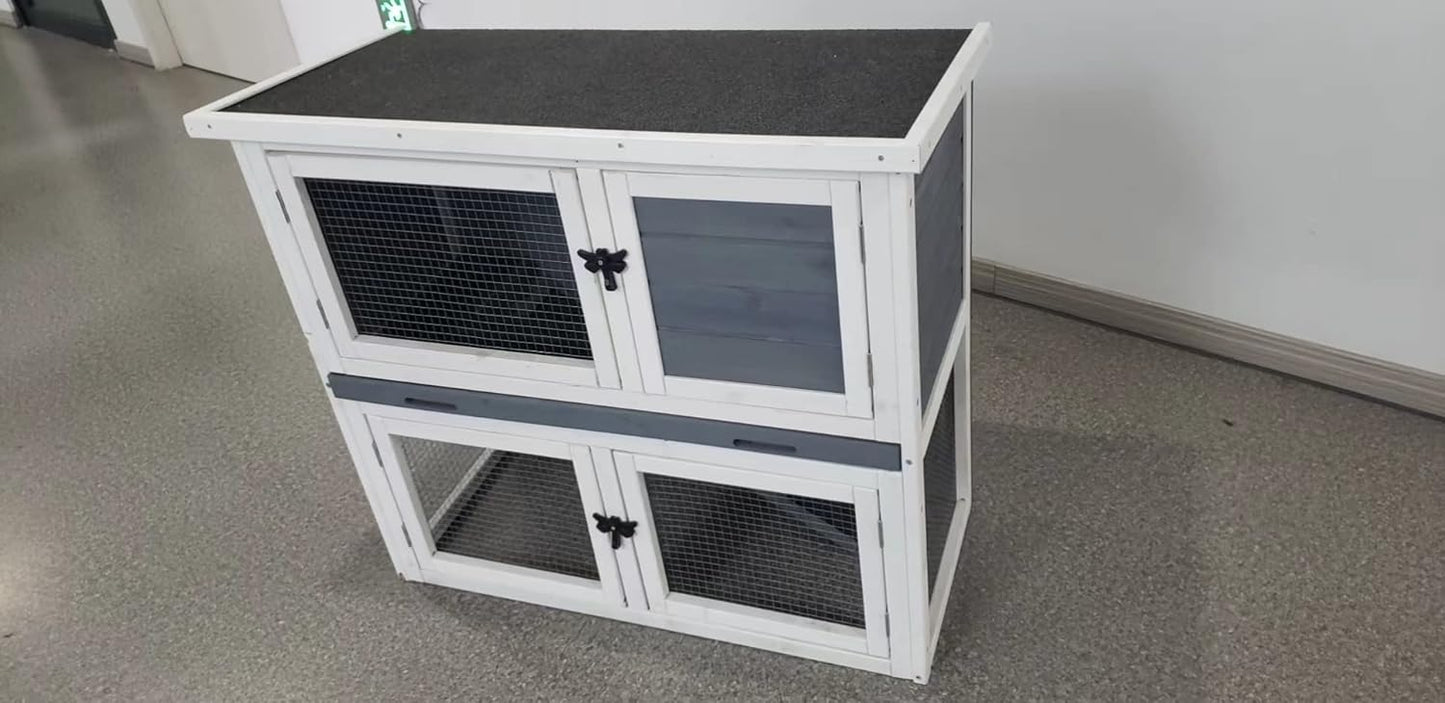 Wooden Two Floor Rabbit Hutch Outdoor with Ramp and Removable Tray W789952