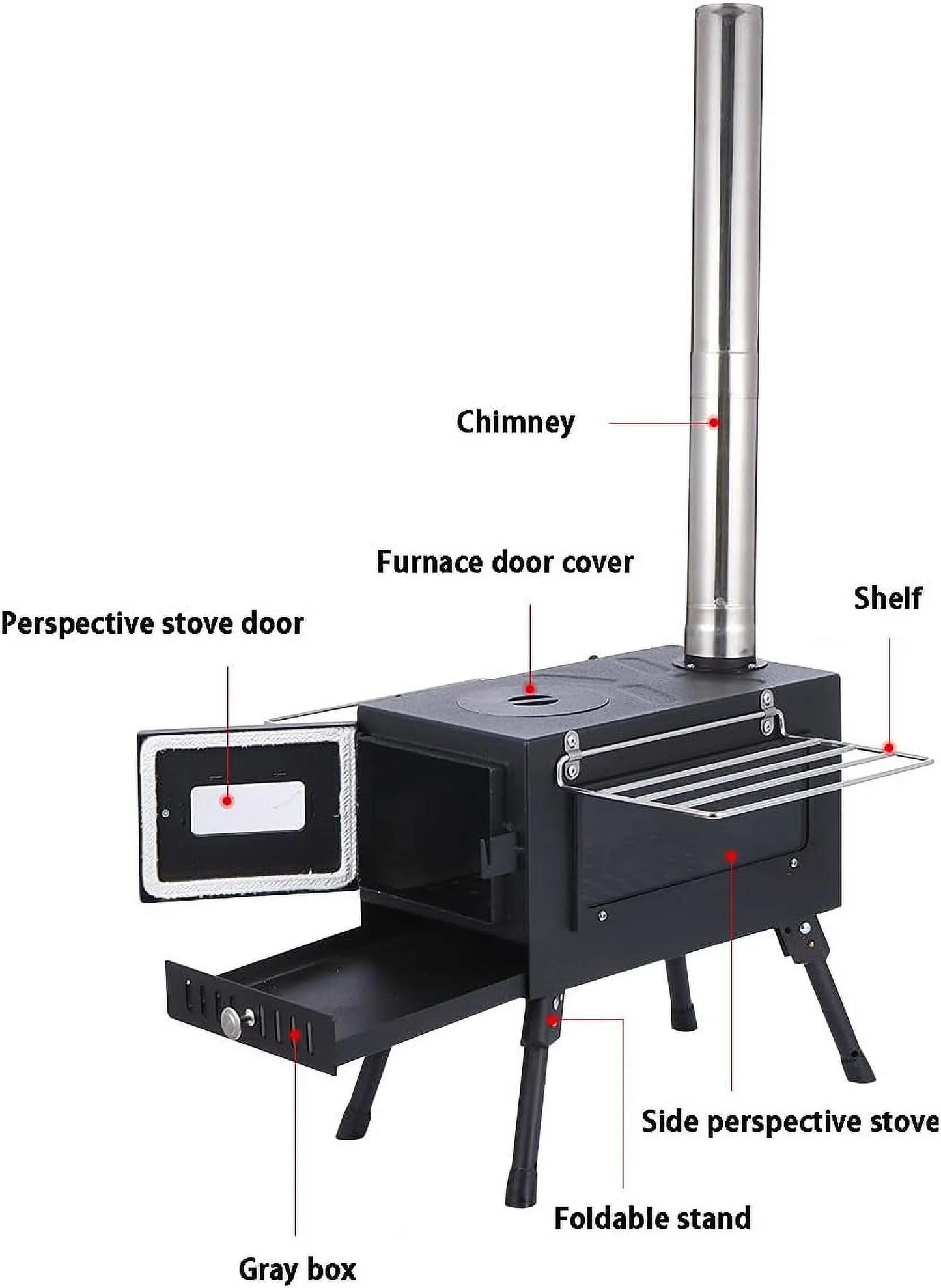 Camping Tent Stove with Window and Chimney Pipe, Portable Wood Burning Stove A67642