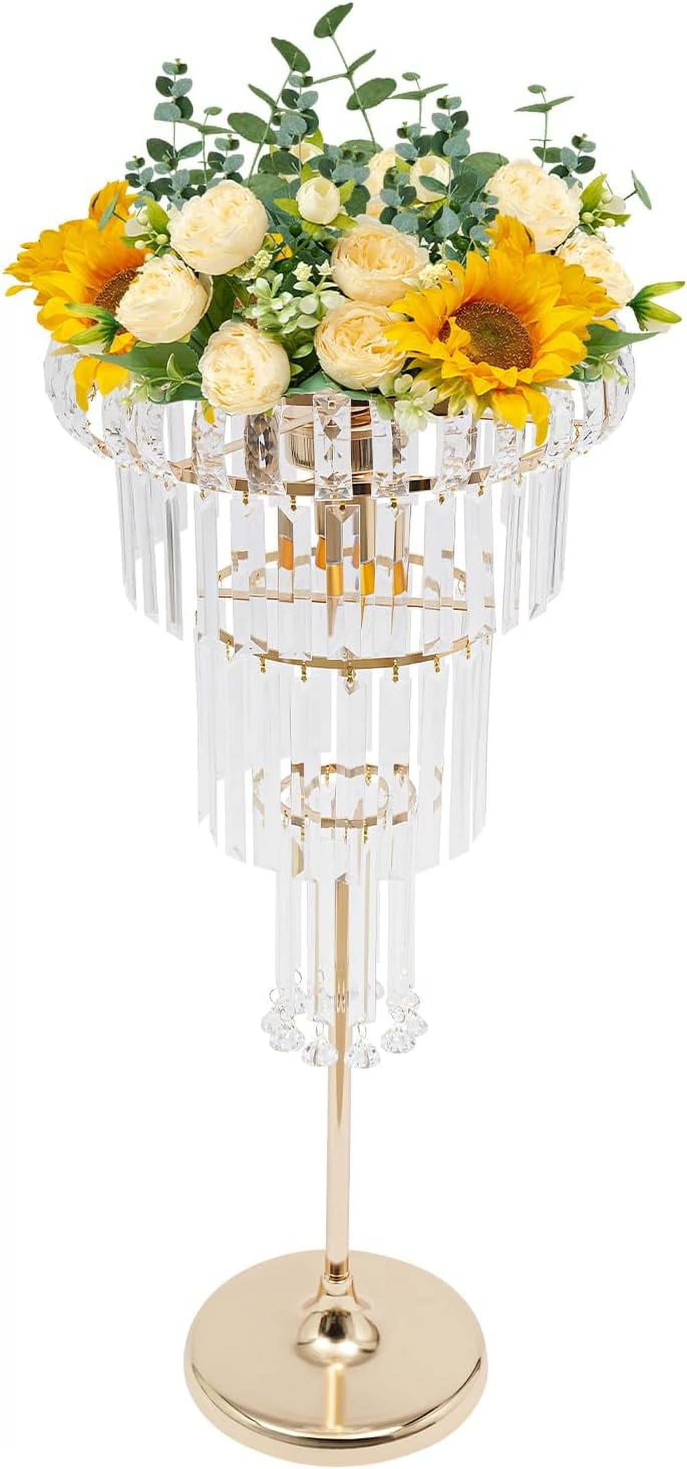 Wedding Gold Vases Centerpieces, Crystal Flower Stand with Hanging Crystals, 4-Tier Round Chandelier Pedestal Stand, Flower Stand Wedding Centerpieces Flower Stand (4 Tiers,Gold)