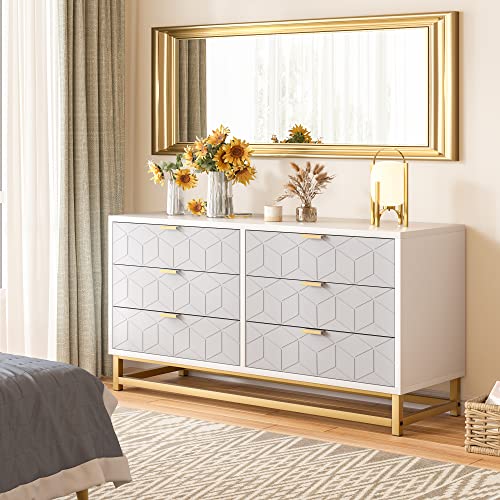 White 6 Drawer Dresser for Bedroom, Modern Wood Chest with Metal Legs J134