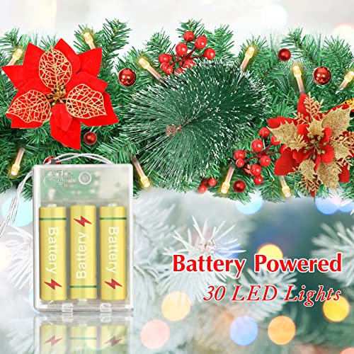 Pre-lit Christmas Garland with LED Lights, Red Flowers and Berries C561701