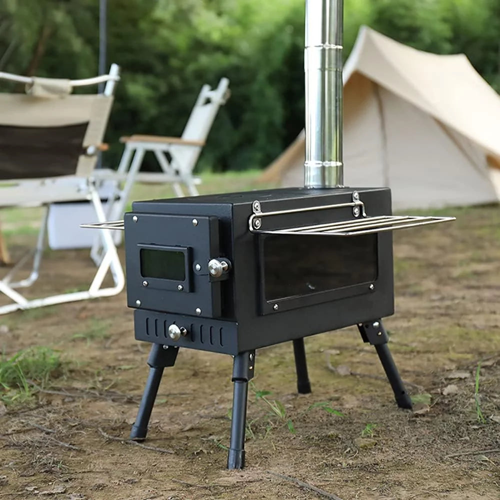 Camping Tent Stove with Window and Chimney Pipe, Portable Wood Burning Stove A67642