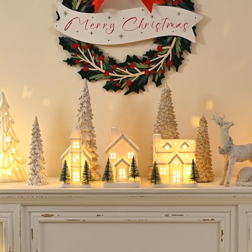 Ceramic Christmas Village Houses with LED Lights, 3 Pieces with Trees Y512