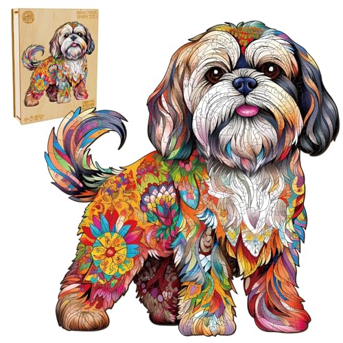 WOODBESTS Wooden Puzzle for Adults, Beautiful Shih tzu Puzzle (M, 190pcs, 10.6"x11.4") Wood Puzzles Adult, Wooden Jigsaw Puzzles Unique Shape, Birthday Gifts for Adults and Kids Family Game