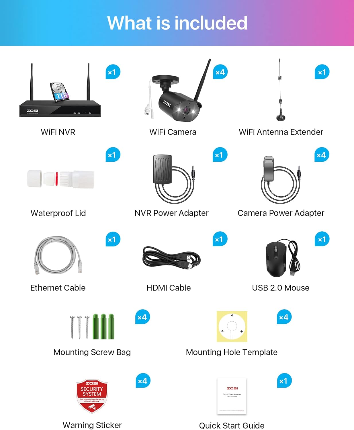 8 Channel 2K Wireless Security Camera System, 4 x 3MP WiFi IP Camera with Color Night Vision T504