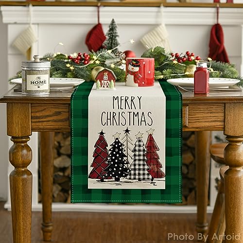 Buffalo Plaid Christmas Trees Table Runner, Winter Holiday Kitchen Dining Decor, 13 x 108 Inch A940