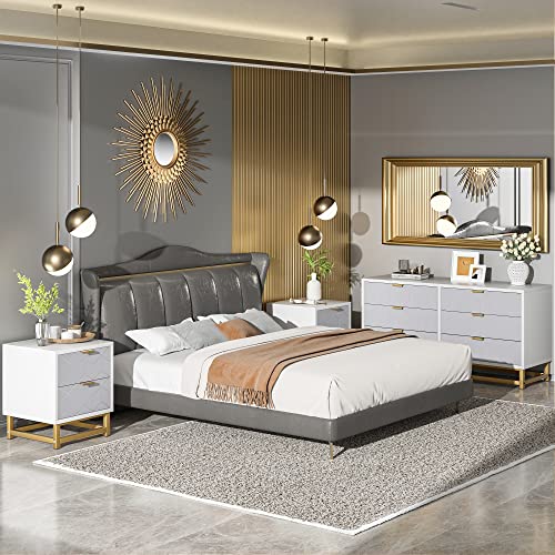 White 6 Drawer Dresser for Bedroom, Modern Wood Chest with Metal Legs J134