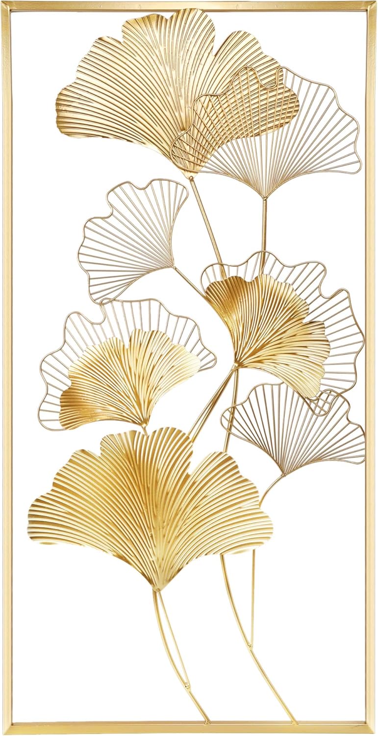 Lulu Home Metal Wall Decor, 39" X 20" Golden Ginkgo Leaf Wall Hanging Decor with Frame, Golden Metal Art Wall Sculpture for Living Room, Office, Study, Large