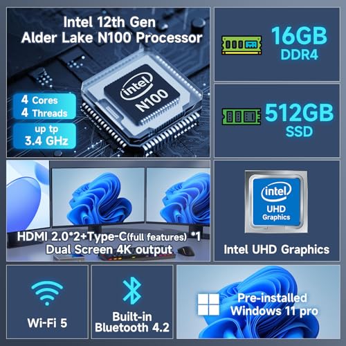 Mini PC, Intel N100, 16GB DDR4, 512GB SSD, Windows 11 Pro, Type-C/HDMI, WiFi 5, 4K Triple-Display J4911