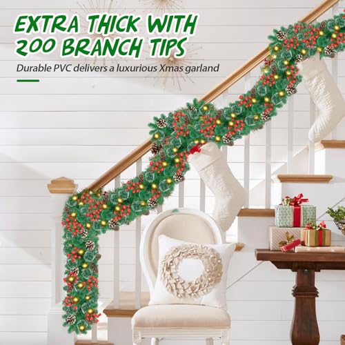 Pre-lit Christmas Garland with LED Lights, Red Flowers and Berries C561701