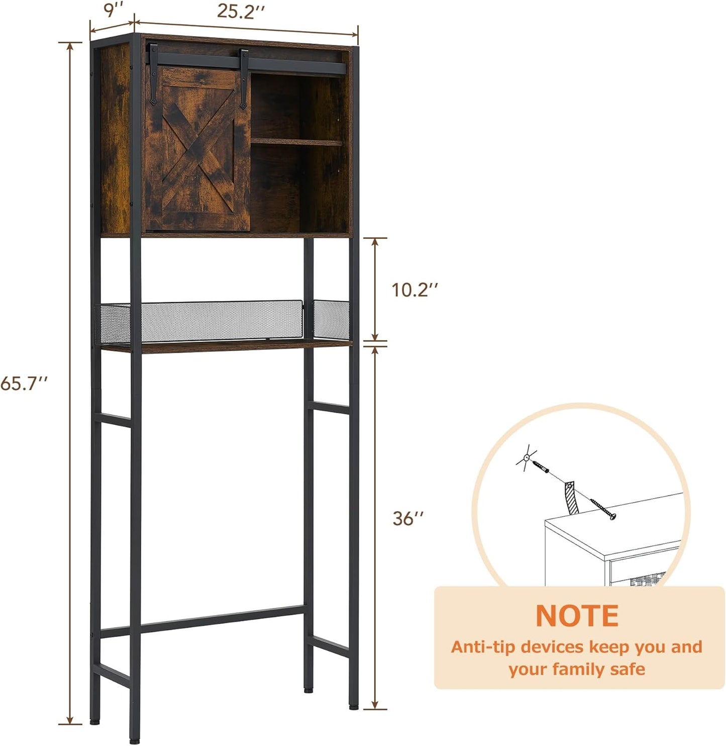 Over The Toilet Storage Cabinet with Sliding Door and Adjustable Shelf, Rustic Brown F7939