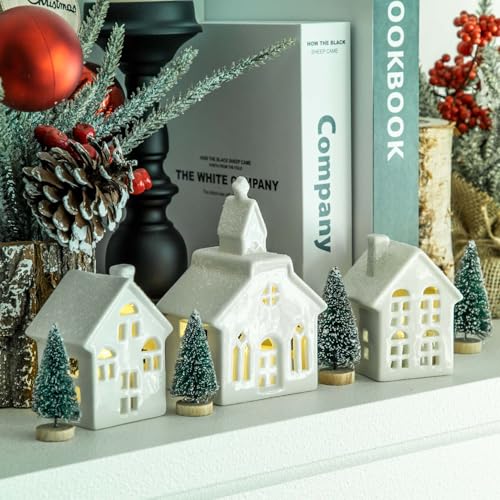 7PCS Christmas Village Sets - 3 LED Lighted Ceramic Houses with Remote & 4 Trees, Porcelain Miniature Decorations X236956