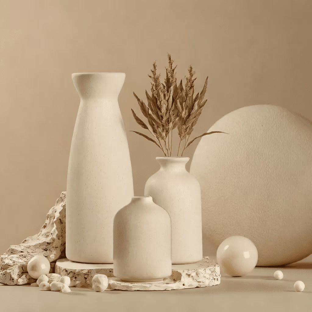 Set of 3 Beige Minimalist Ceramic Vases - Elegant Flower Vase - Perfect For Home Decor &amp; Banquet Decor