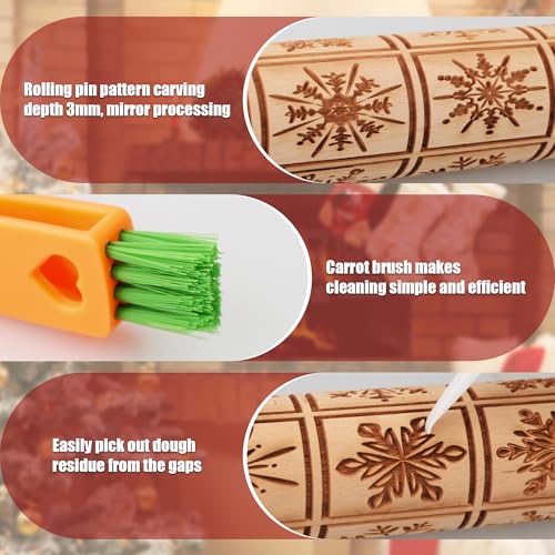 Wooden Rolling Pin for Baking with Christmas Embossed Designs, Includes Cleaning Brush O863