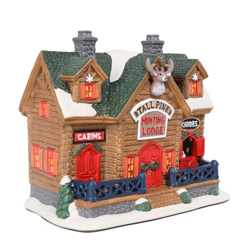 Wonder Solar Gingerbread Christmas Village Ceramic Houses Decorations Indoor 8.5", Lighted Christmas Battery Hunting Lodge Village Sets with Bulb Holiday Home Decor Gift