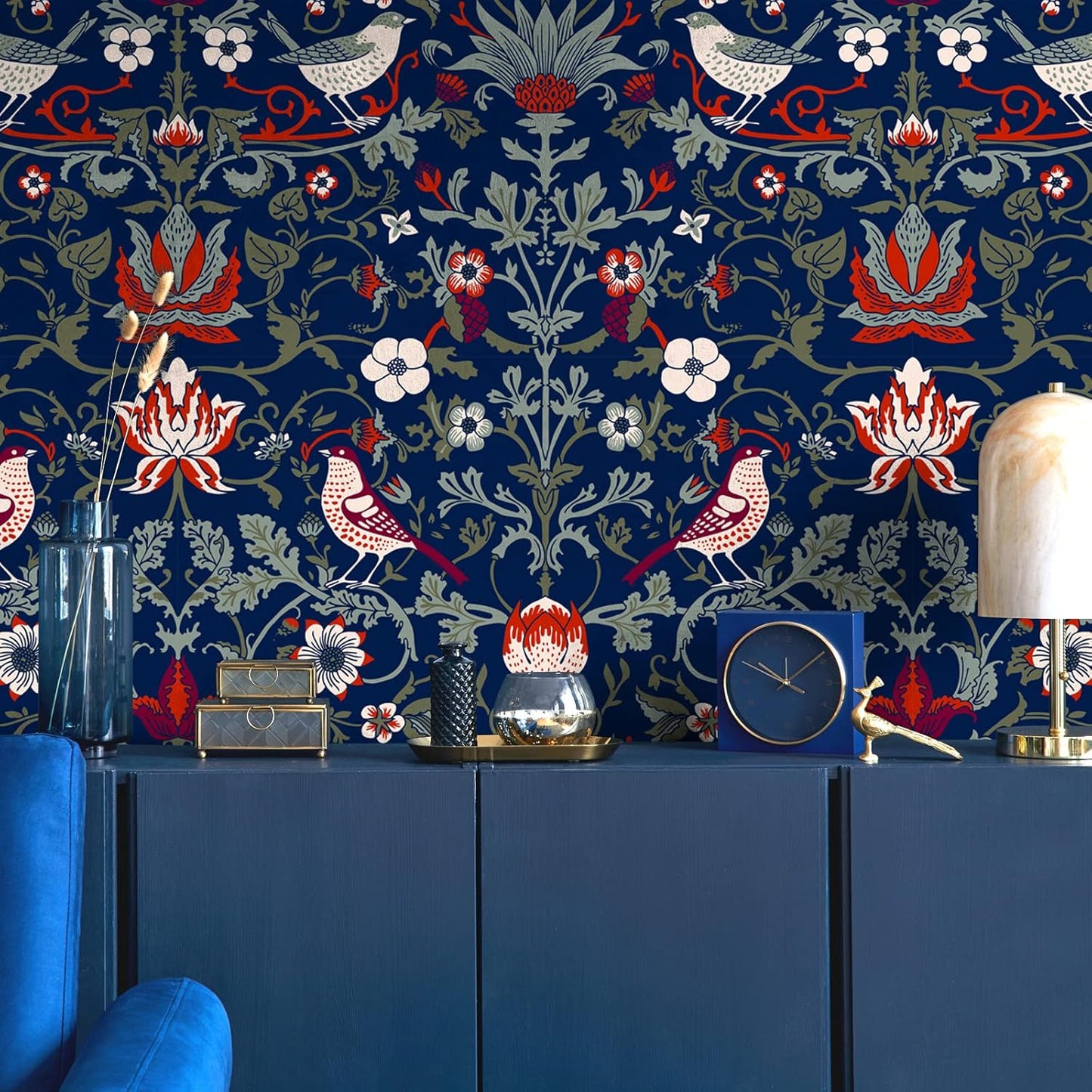 Vintage Floral Peel and Stick Wallpaper, Navy Blue, Removable G71581