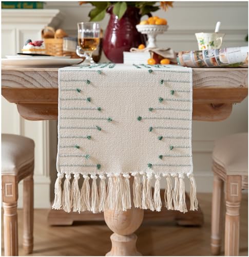 Christmas Table Runner 13 x 90 Inch Natural Cotton Woven with Tassels, Red and Beige U800