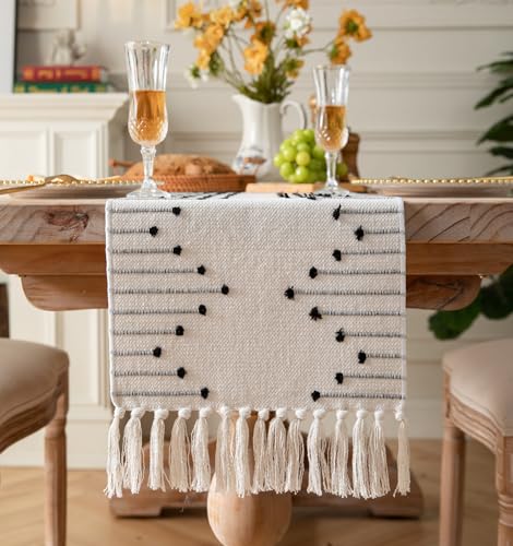 Christmas Table Runner 13 x 90 Inch Natural Cotton Woven with Tassels, Red and Beige U800