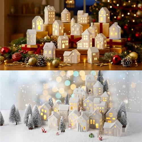 LED Ceramic Christmas Village Set with Light Up Houses and Figurines E593038