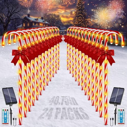 Christmas Solar Candy Cane Pathway Lights, 24PCS 240LED Outdoor Decorations with Red Bow Waterproof E437