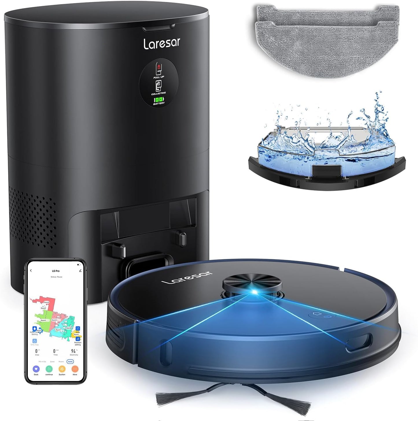 Laresar Robot Vacuum and Mop Combo, 3 in 1 Robotic Vacuum with 3.5L Self Emptying Station, Equipped with Lidar Navigation,Smart App Control, for Pet Hair/Floors/Carpets, L6 Pro, Black