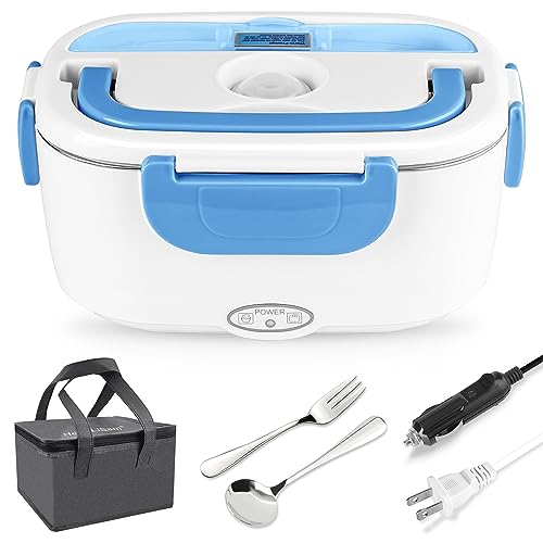 Electric Lunch Box Food Heater, 3 in 1 Faster Heated Lunch Box for Adult, 1.5L Portable Food Warmer 12V/24V/110V for Car/Home with Fork Spoon and Insulated Lunch Bag