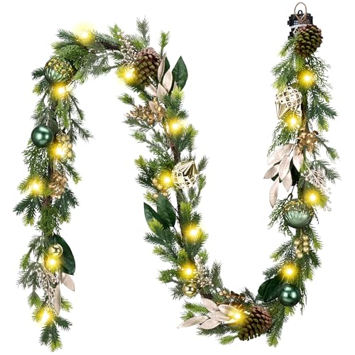 Christmas Garland with Lights, 6Ft Prelit for Mantle, Stairs Railing, Green Gold R97358