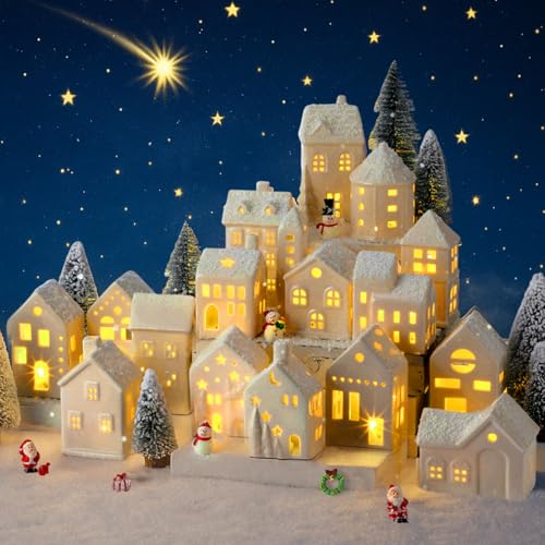 LED Ceramic Christmas Village Set with Light Up Houses and Figurines E593038
