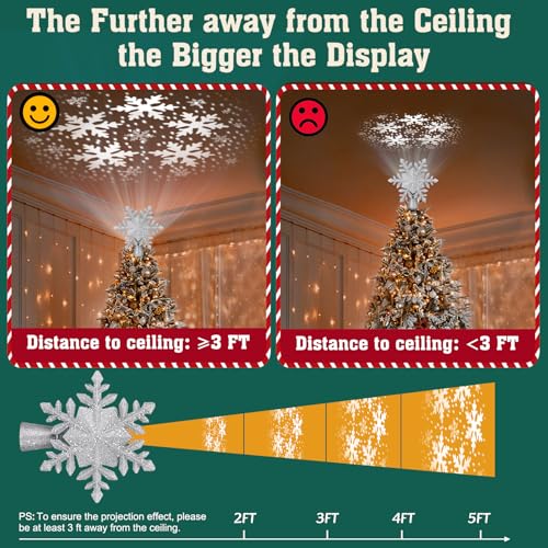 Christmas Tree Topper Lighted with 6 Projection Slides, Snowflake LED Rotating 3D Glitter Tree Topper O28849