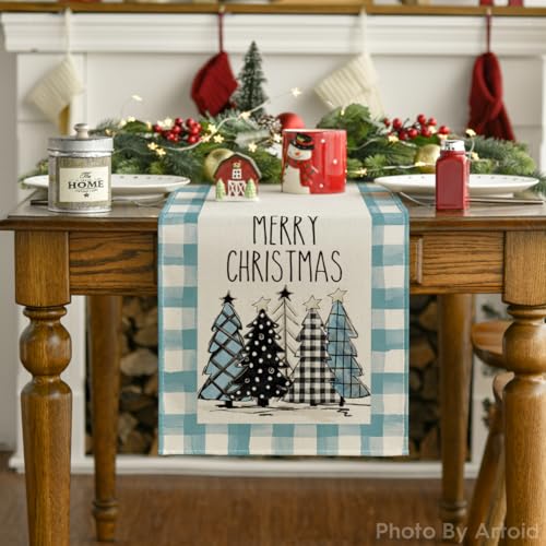 Buffalo Plaid Christmas Trees Table Runner, Winter Holiday Kitchen Dining Decor, 13 x 108 Inch A940