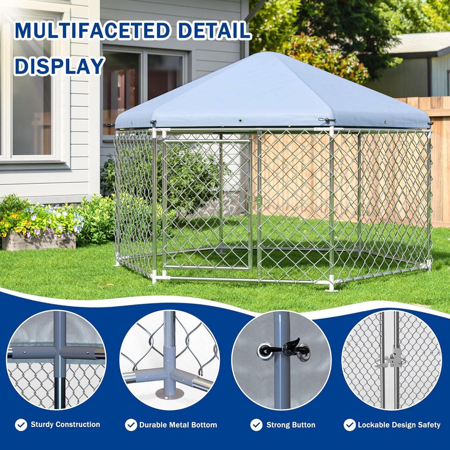 Large Dog Kennel Outdoor with Roof and Metal Gate H961